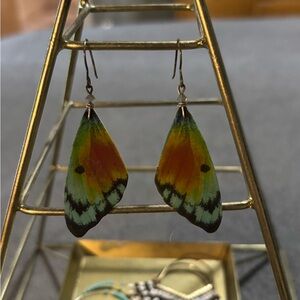 Color-Blocked Teardrop Butterfly Wing Earrings - Green Yellow Orange